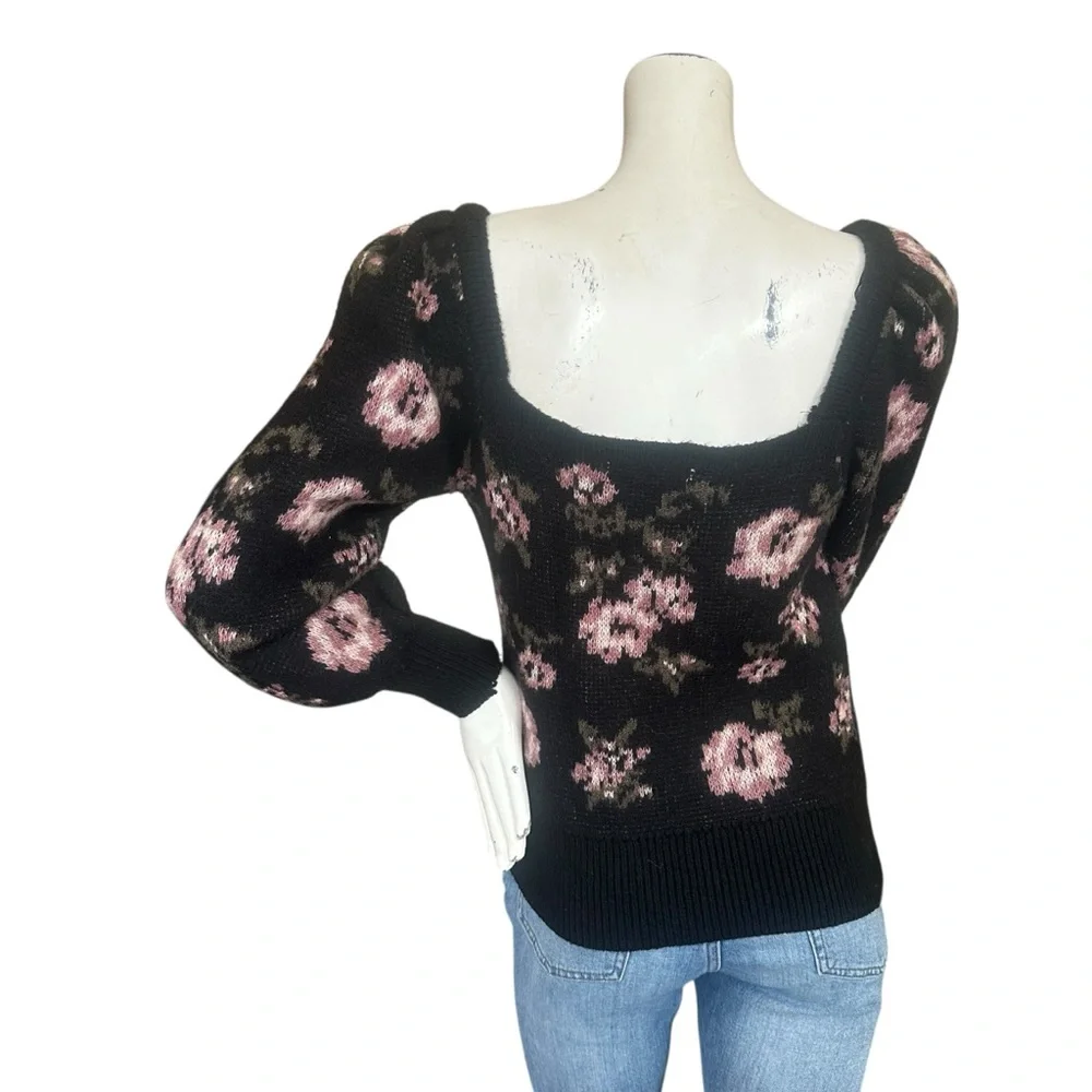 Anthropologie Black & Pink Floral Print Square Neck Fuzzy Puff Sleeve Sweater